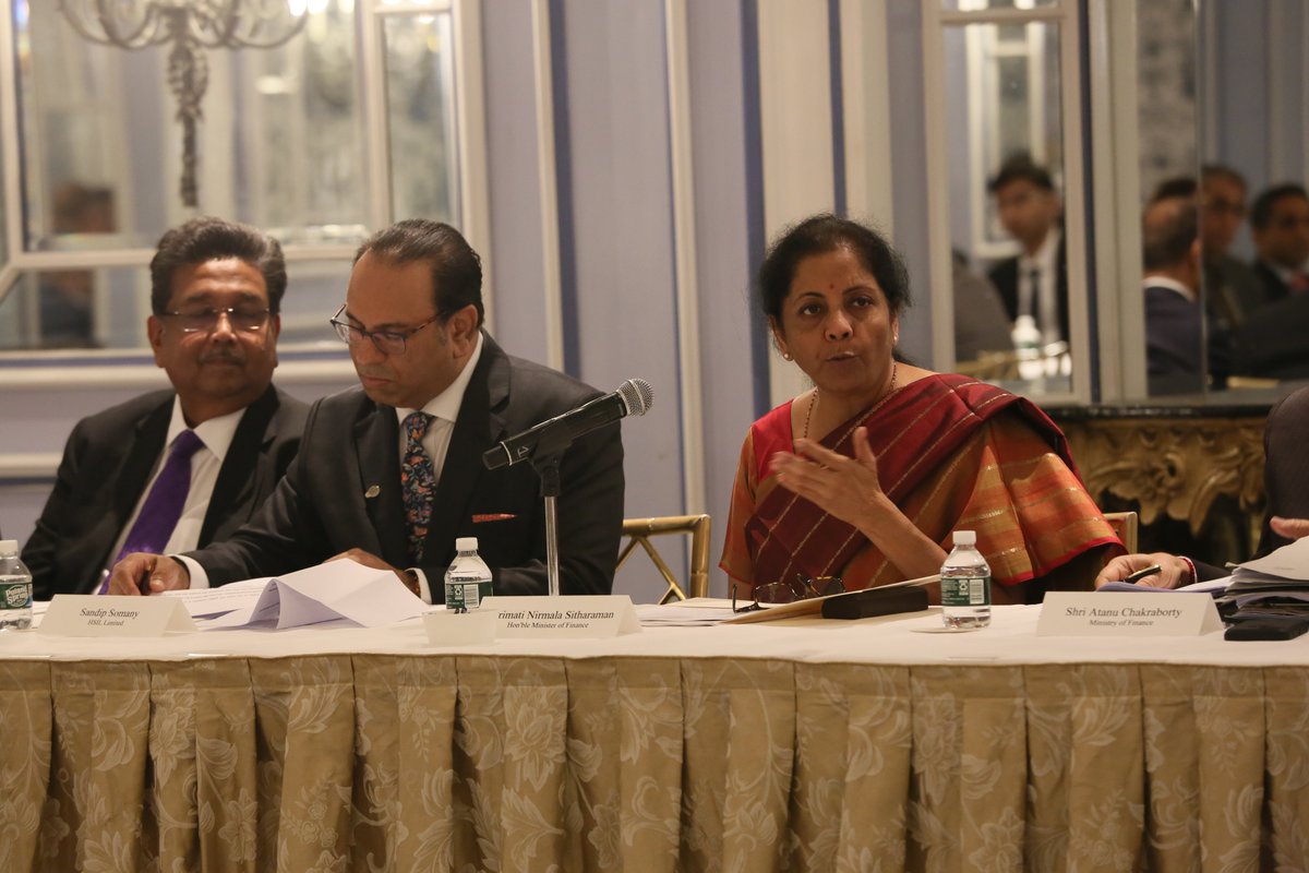 FM Nirmala Sitharaman answering questions at the investors' meet.