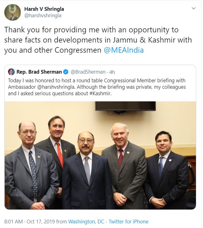 Indian Ambassador briefed US lawmakers