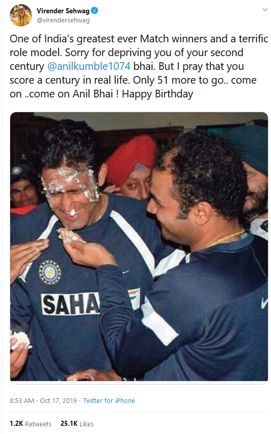 Virender Sehwag Wishes Anil Kumble On Birthday