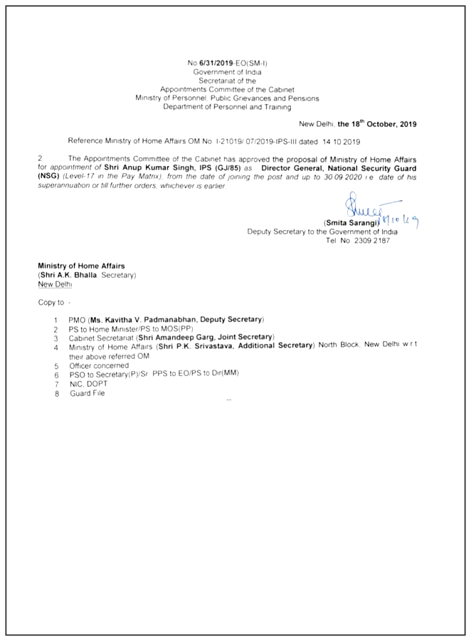 anup Kumar Singh as DG of NSG