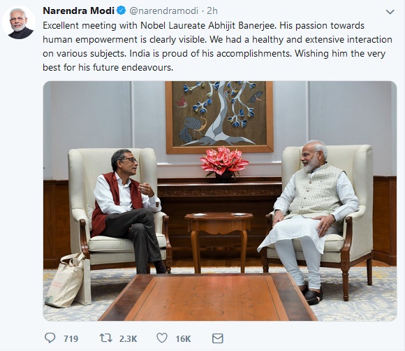 PM Modi tweet about Abhijit Banerjee