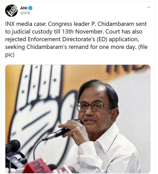 p chidambaram sent to judicial custody till 13th november