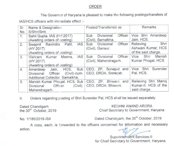 3 IAS  and 2 HCS officers transferred in haryana