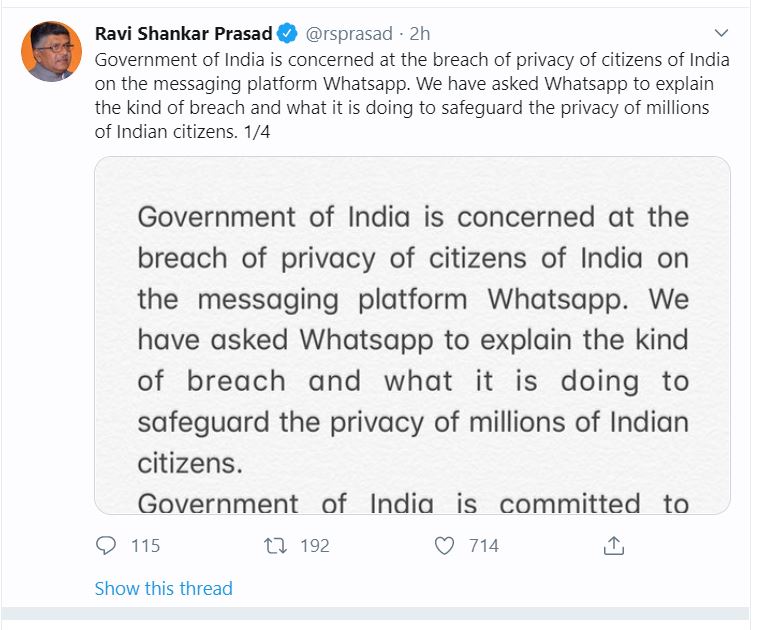 Govt asks WhatsApp to explain breach