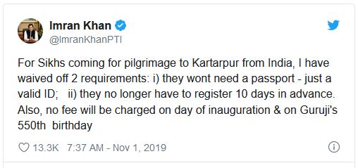 no-need-to-indian-pilgrims-passport-for-kortarpur-koridor-says-pakistan-pm-imran-khan