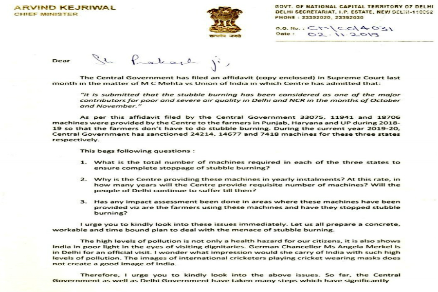 CM Kejriwal letter to Prakash Javedkar demands action on increasing pollution