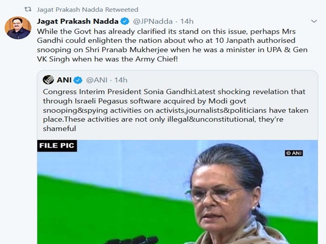 Who ordered snooping on Pranab? Nadda hits back at Sonia