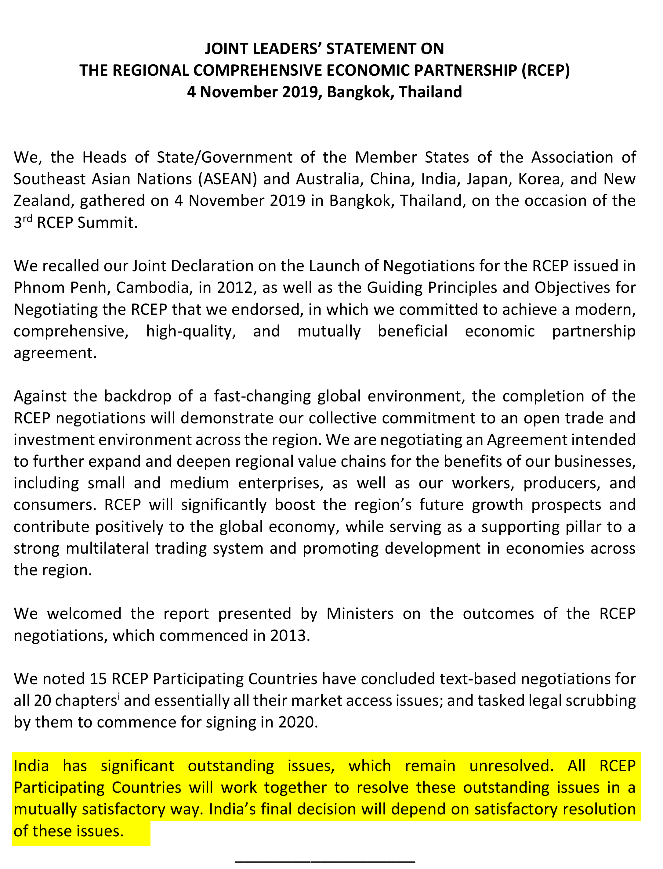 Joint leader's statement on RCEP