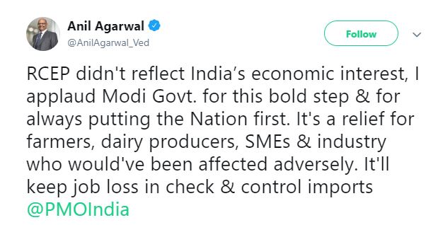 Anil Agarwal's tweet