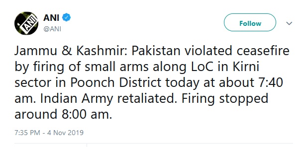 pakistan ceasefire by firing on loc