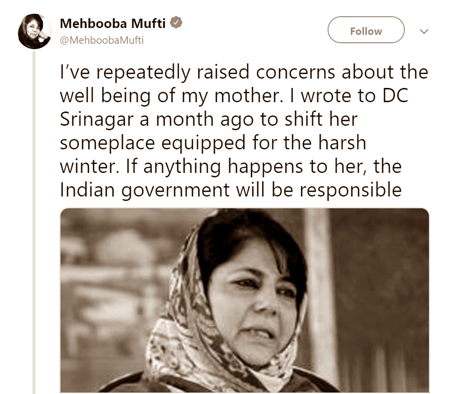 Shift my mother Mehbooba Mufti to place equipped for winter