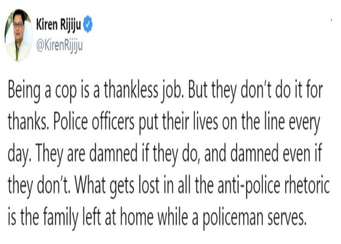 Kiren Rijiju deletes tweet supporting Delhi Police