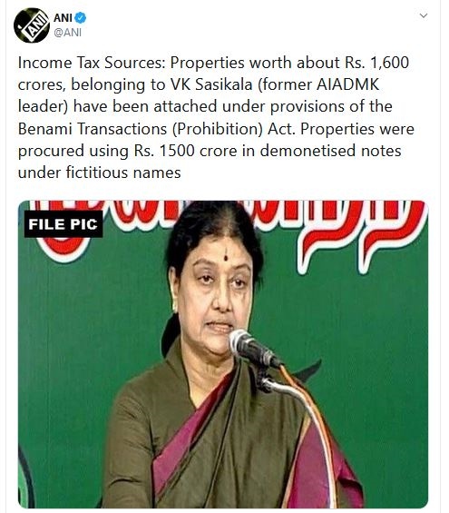 Properties worth about Rs. 1,600 crores, belonging to VK Sasikala sized