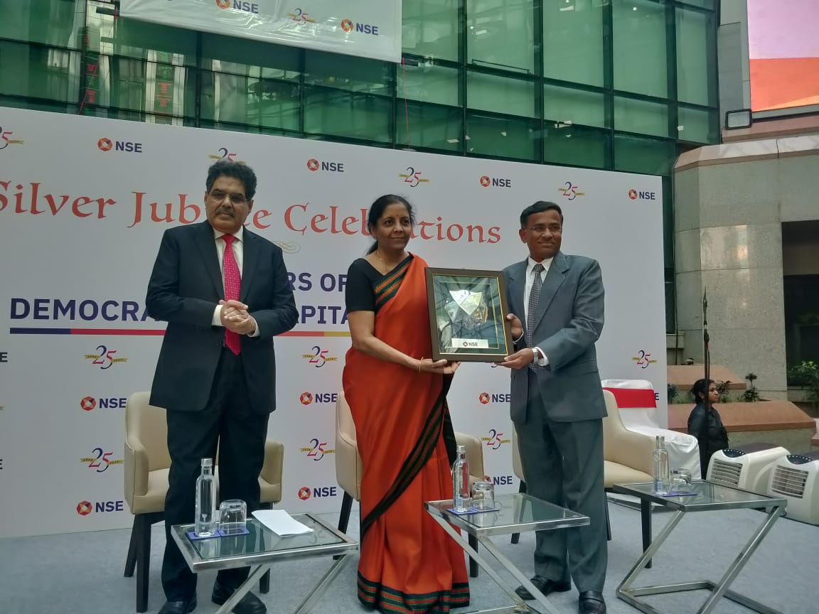 Finance Minister Nirmala Sitharaman  attends the Silver Jubilee Celebrations of NSE India '25 Years of Democratising Capital Markets' as the Chief Guest in Mumbai.