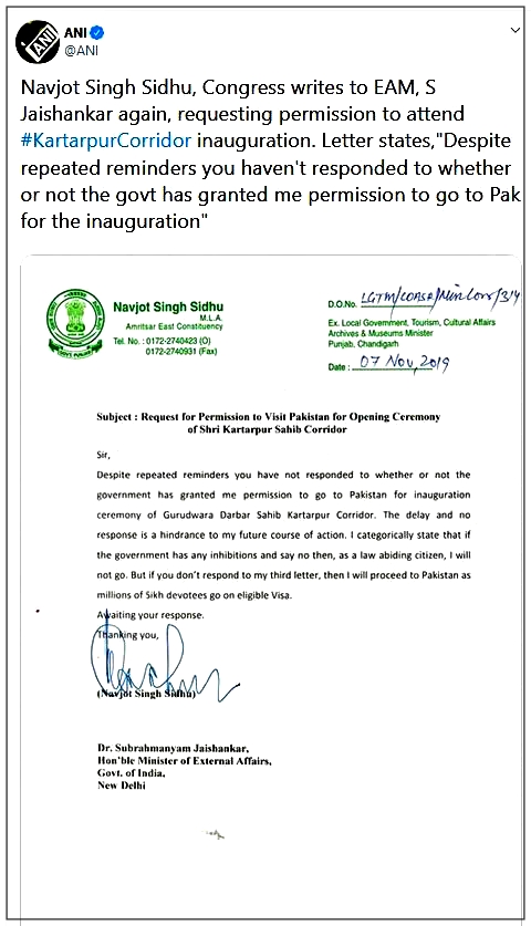 sidhu wrote a third letter to the ministry of external affairs