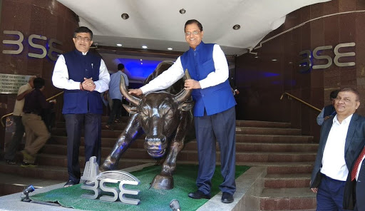 File Photo: Subhash Chandra Garg holding horns of ‘Big Bull’ during his visit to BSE in October 2018