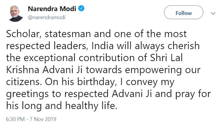 pm modi wishes lal krishna advani birthday