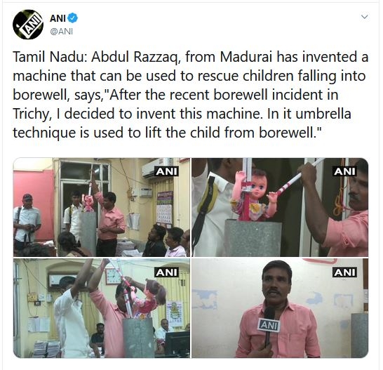 razzaq madurai invented machine can be use rescue children falling borewell