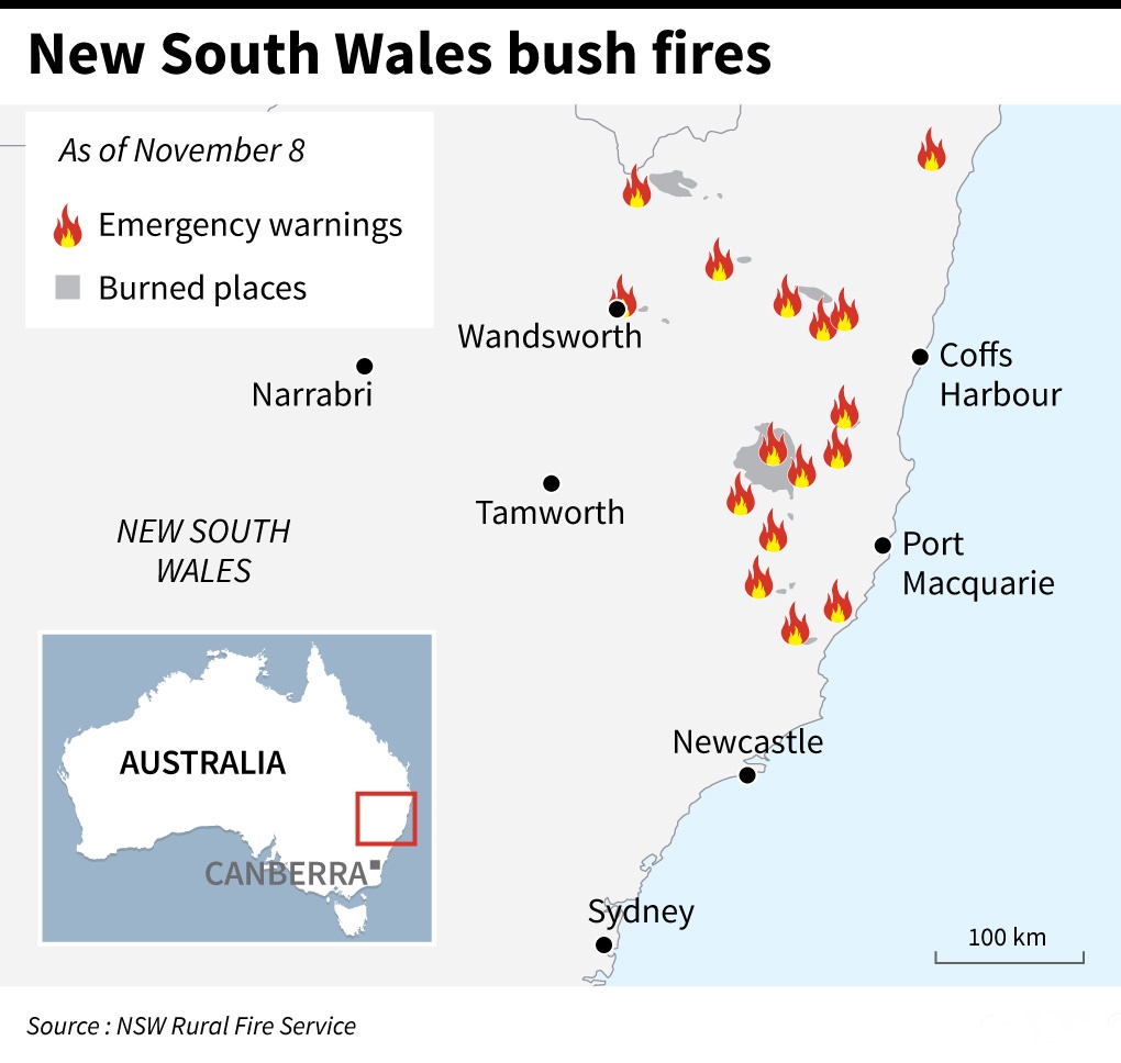 Map showing bushfire emergency warnings in Australia as of November 8