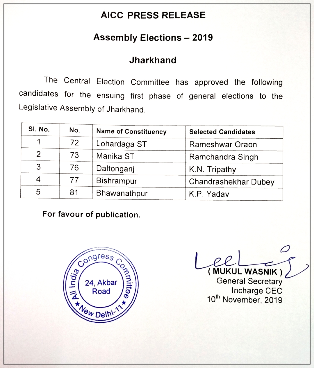 congress announces names of candidates for Jharkhand Assembly Polls