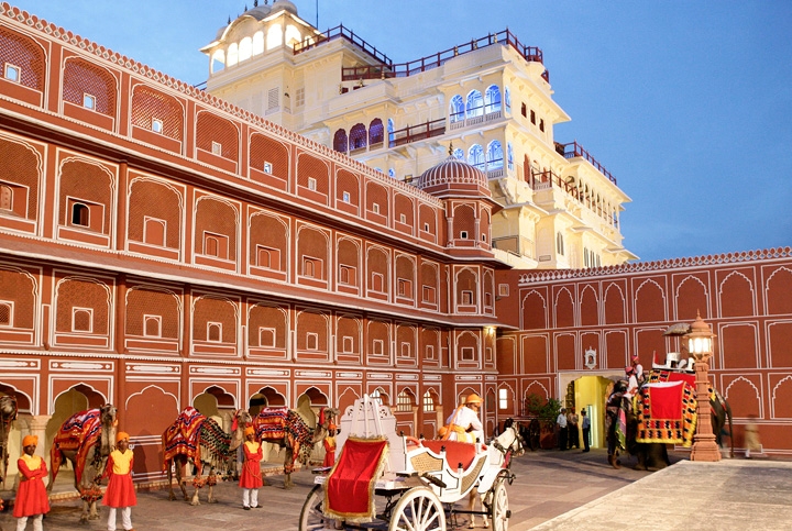 Red facade of the city palace, Jaipur, Rajasthan, India.