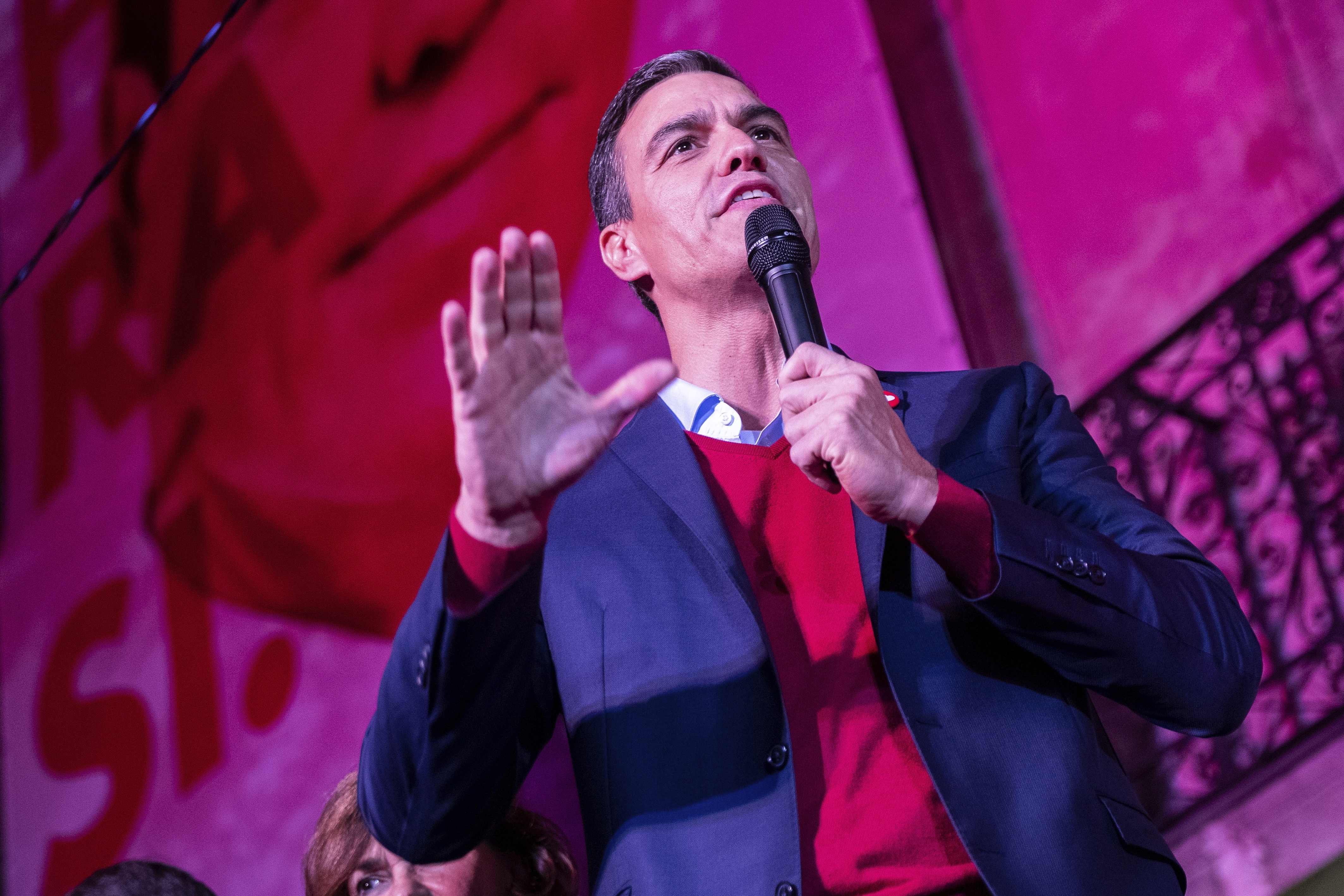 Spain's Prime Minister and Socialist Party leader Pedro Sanchez gives a speech outside the party headquarters following the general election in Spain on Sunday.