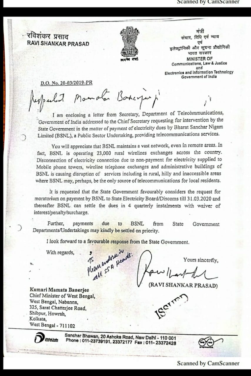 Central sent letter to CM Mamata Banerjee on BSNL's arrear electricity bill