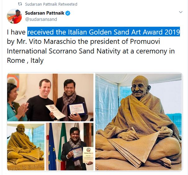 international-sand-artist-sudarshan-pattanaik-receive-the-italian-golden-sand-art-award-2019