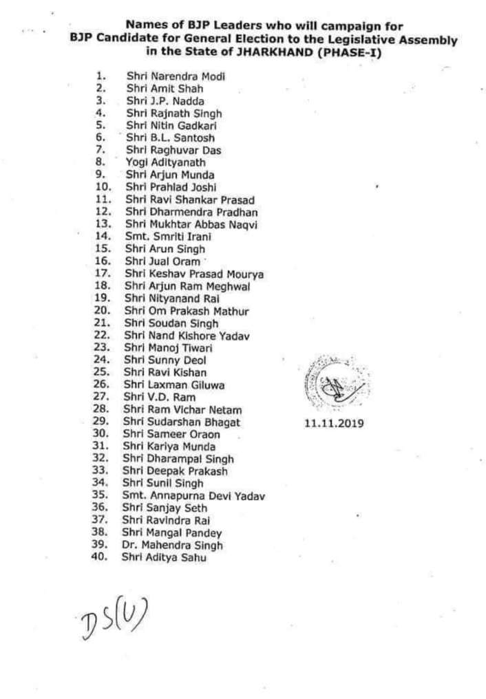 bjp List of star campaigners for Jharkhand assembly elections