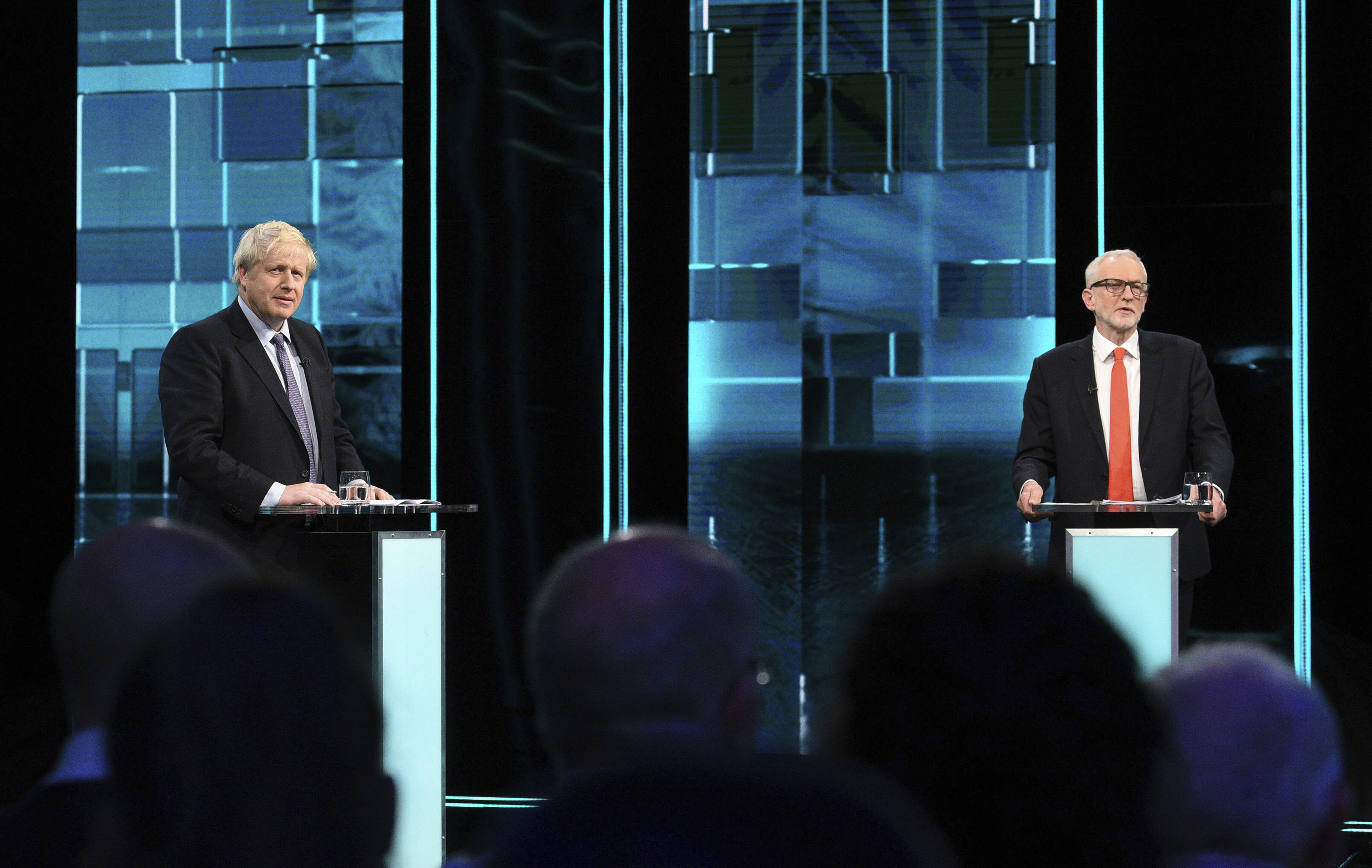 Boris Johnson and Jeremy Corbyn during their election head-to-head debate live on TV in Manchester on Tuesday.