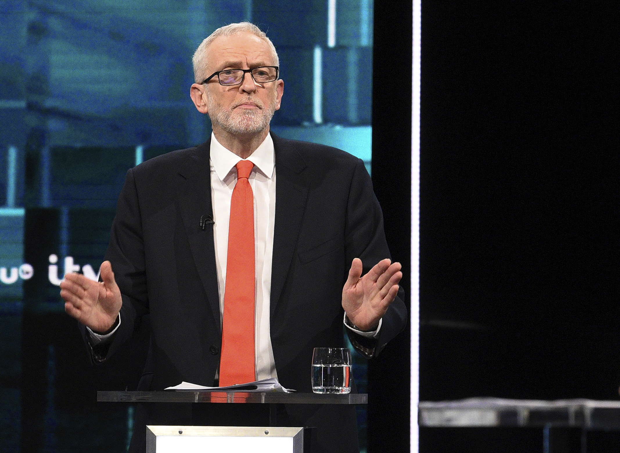 Jeremy Corbyn reacts during the election head-to-head debate live on TV in Salford, Manchester on Tuesday.