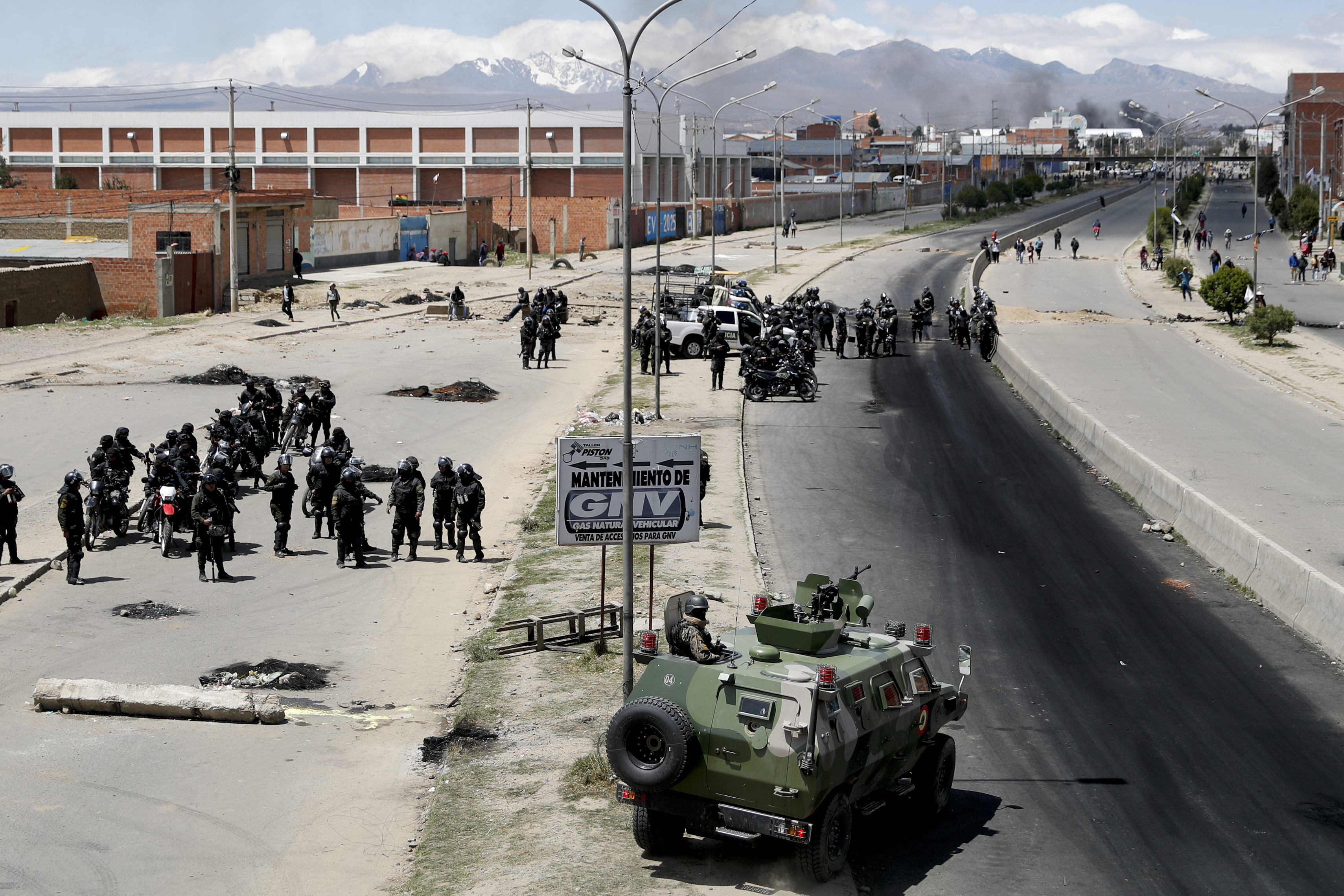 Soldiers guard the state-own Senkata filling gas plant in El Alto, on the outskirts of La Paz, Bolivia on Tuesday.