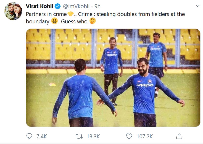 virat kohli shares picture, virat kohli's partner in crime, dhoni and virat kohli, ବିରାଟଙ୍କ ପାର୍ଟନର ଇନ କ୍ରାଇମ, କୋହଲି ସେୟାର କଲେ ଫଟୋ