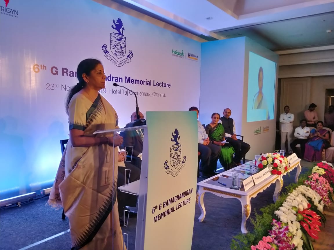 Finance Minister Nirmala Sitharaman addressing the 6th G Ramachandran Memorial Lecture