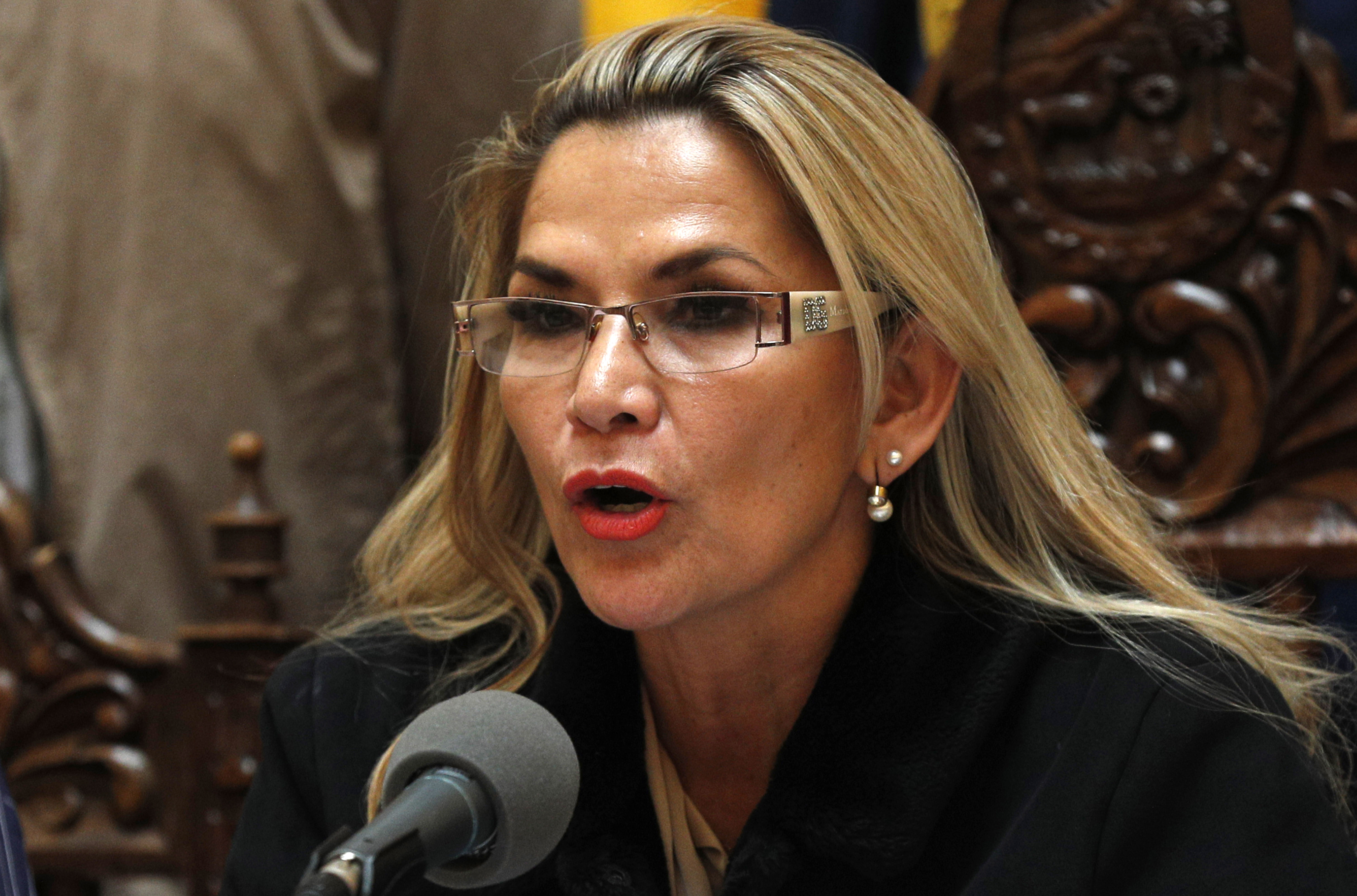 Bolivia's interim President Jeanine Anez speaks during a press conference at the presidential palace in Bolivia, on Saturday.