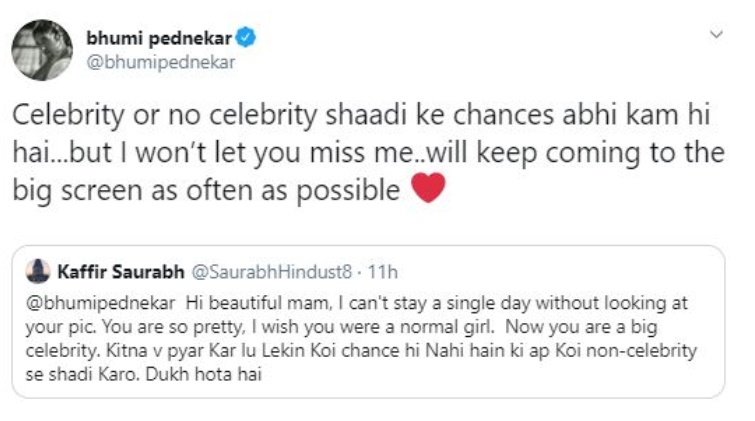 Bhumi pednekar hilarious response to fan's marriage proposal is unmissable