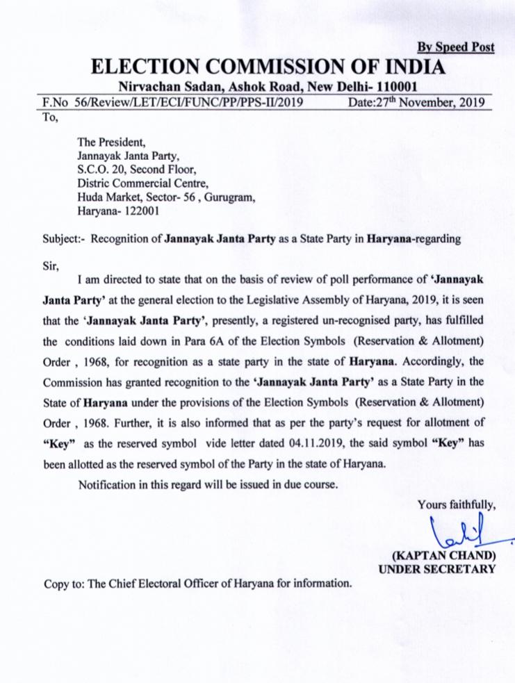 jjp gets affiliation from election commission of india