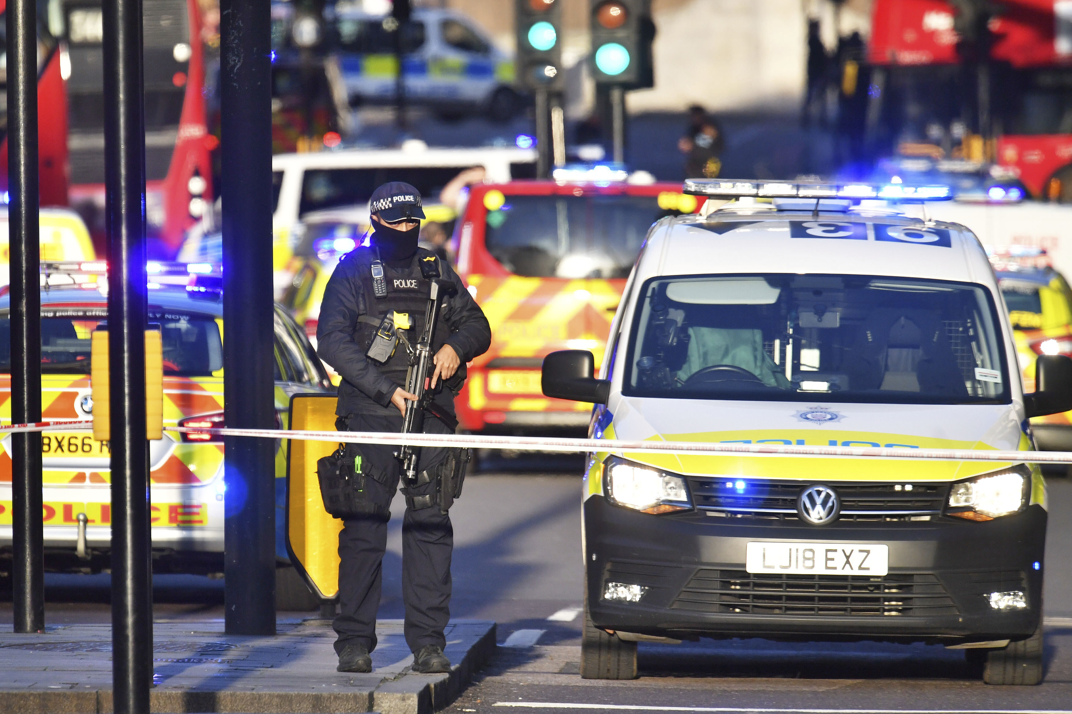 Armed police at the scene of an incident on London Bridge in central London following a police incident, on Friday.