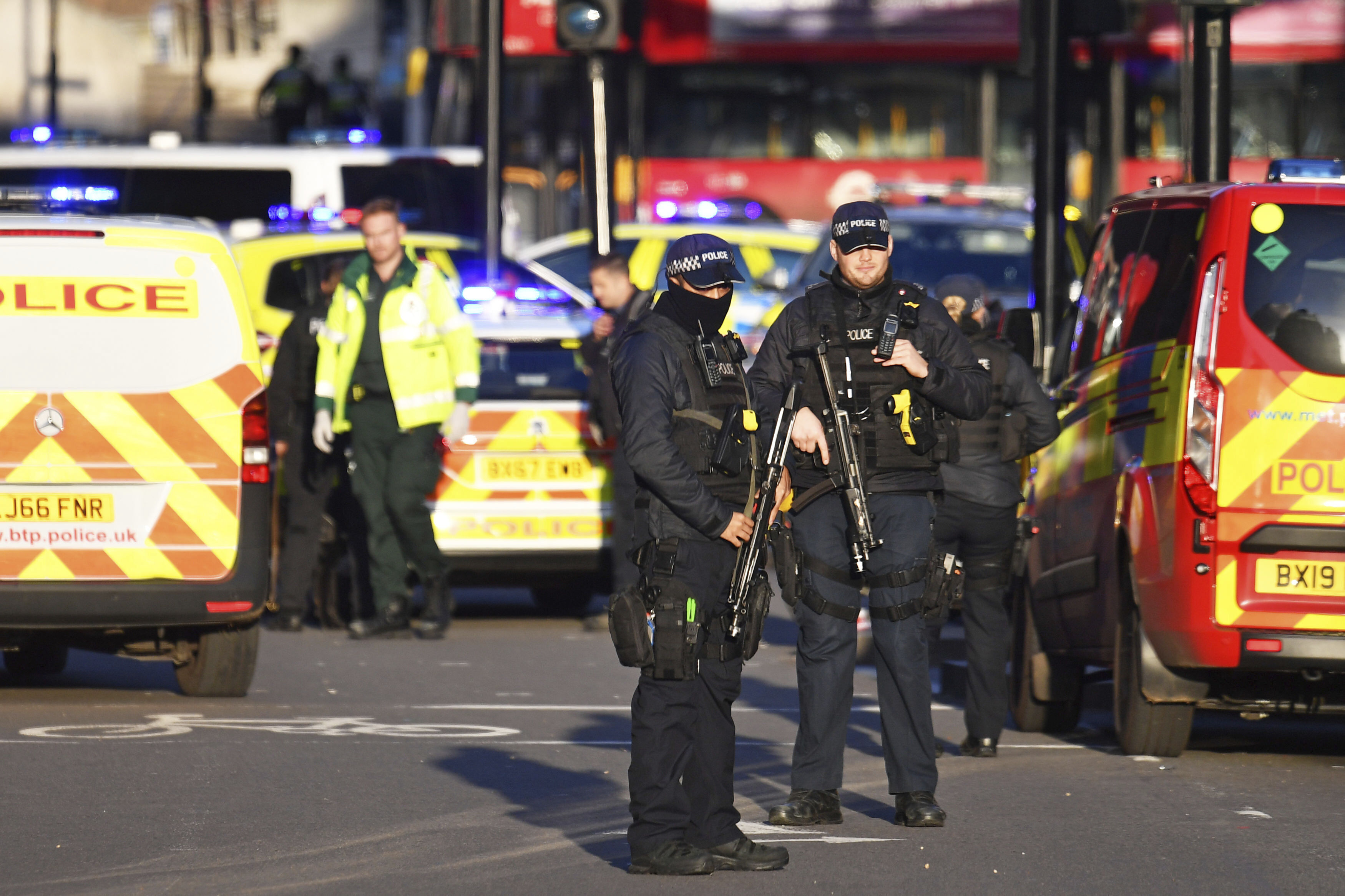 Armed police at the scene of an incident on London Bridge in central London following a police incident, on Friday.