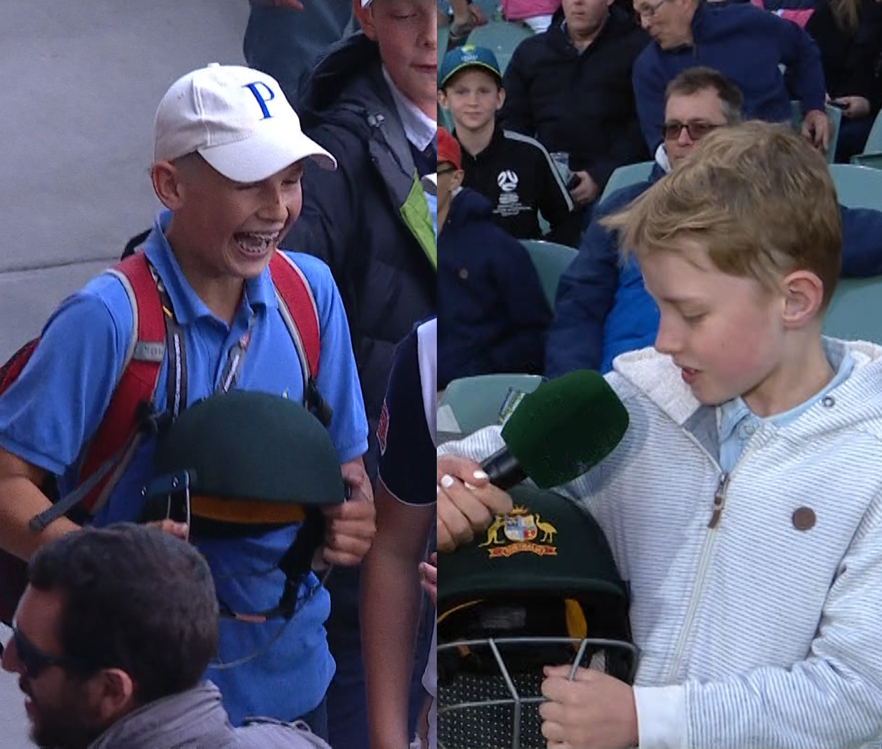 australia batsmen david warner gifts helmet to kid after triple century but elder boys snatch it away