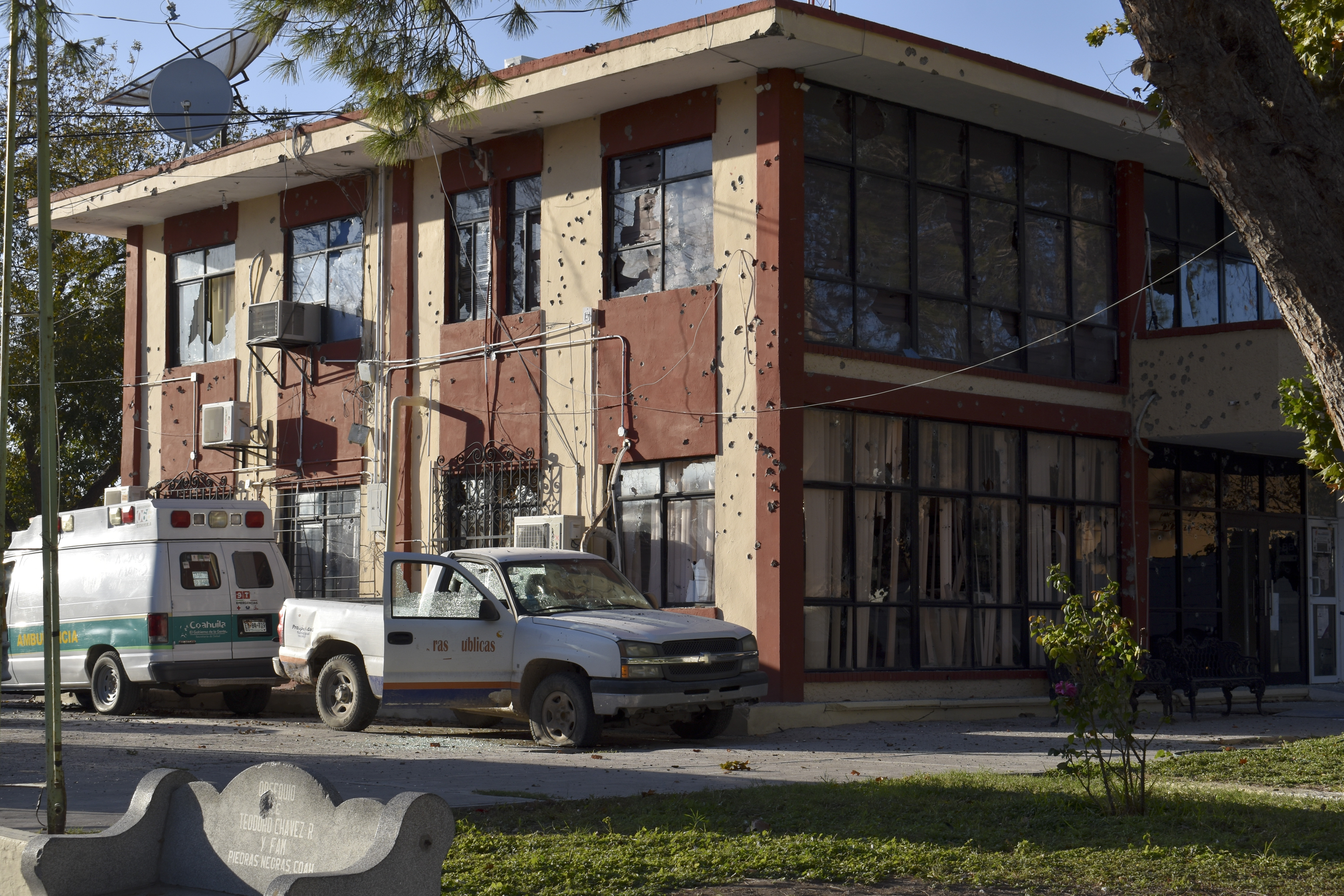 The City Hall of Villa Union is riddled with bullet holes after a gun battle between Mexican security forces and suspected cartel gunmen, on Saturday.