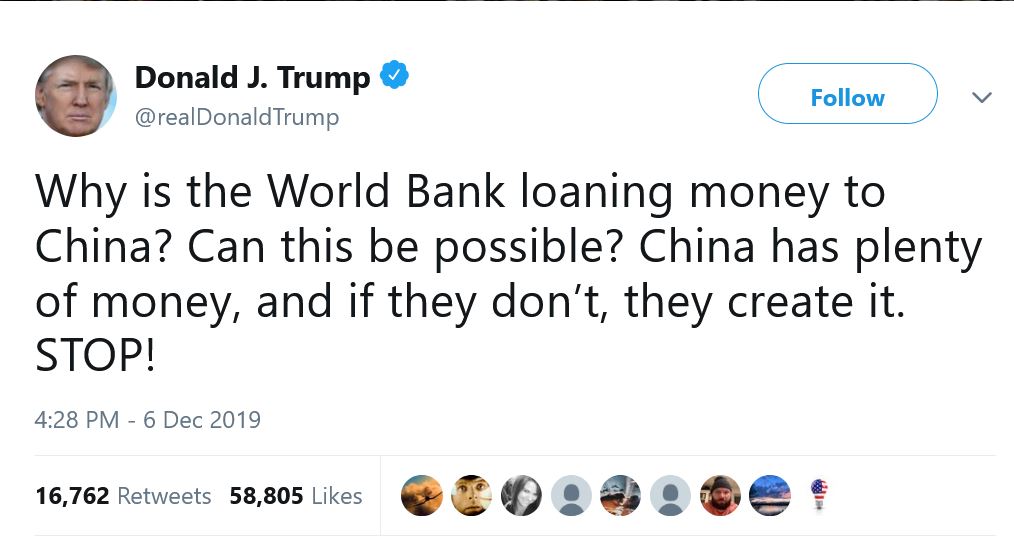 Trump calls on World Bank to stop lending to China