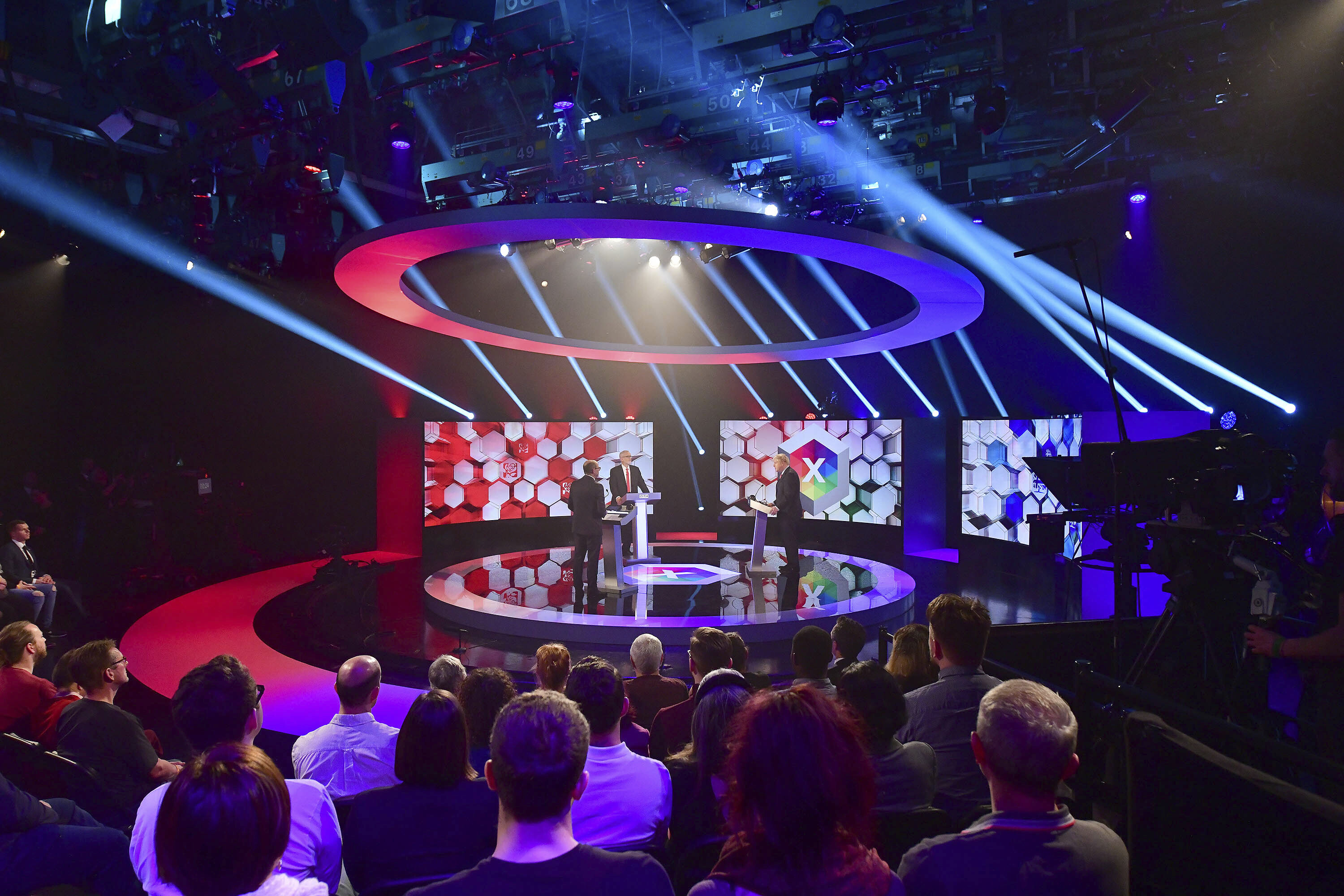 Opposition Labour Party leader Jeremy Corbyn and Britain's Prime Minister Boris Johnson during a head to head live Election Debate at the BBC TV studios in Maidstone, England, on Friday.