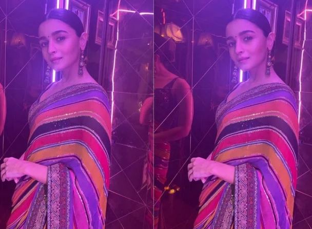 alia bhatt look fabulous in multicolor saree