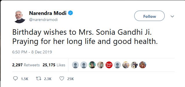 PM Modi wishes Sonia Gandhi on her birthday