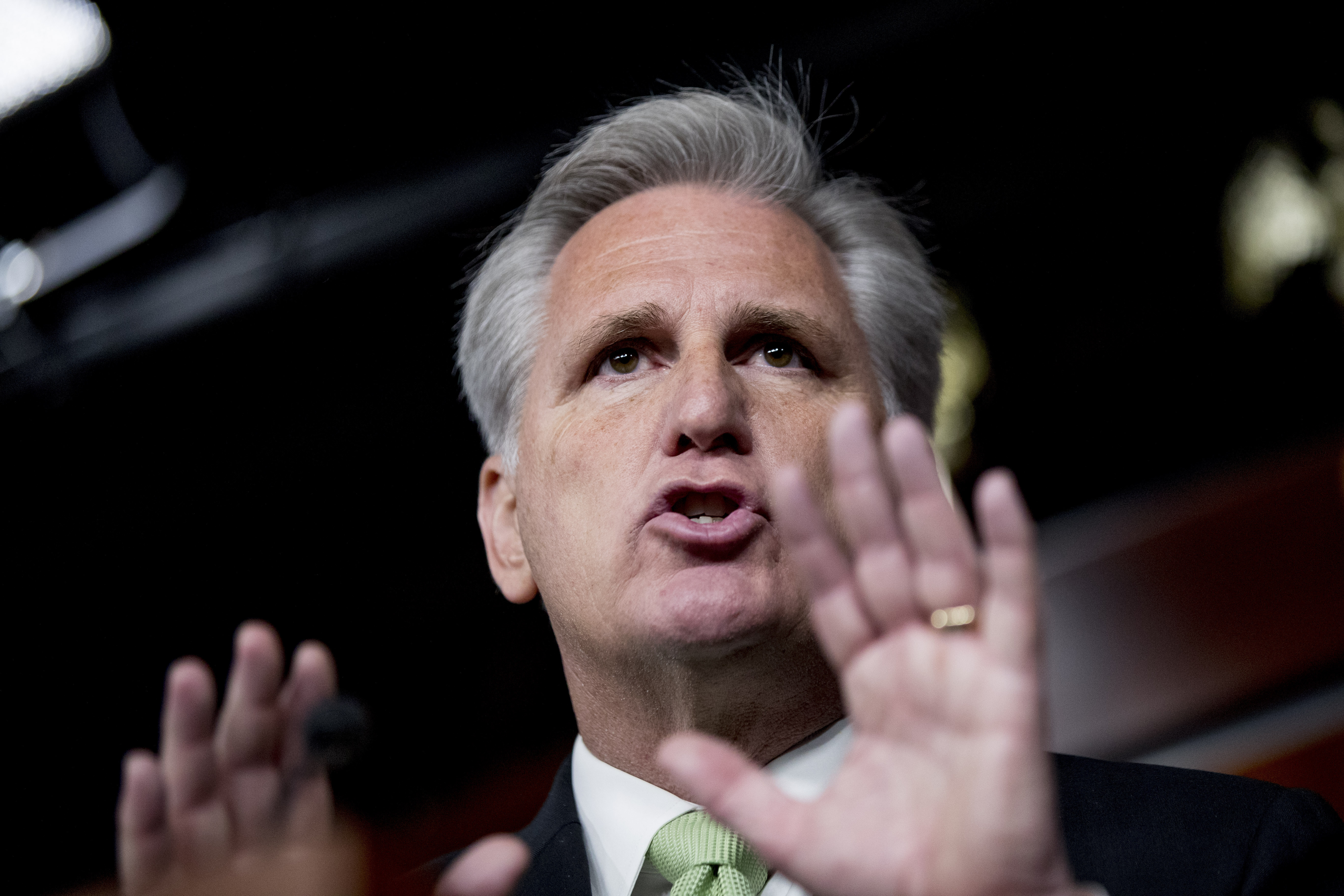 House Republican Leader Kevin McCarthy, R-Calif., speaks to reporters after Speaker of the House Nancy Pelosi, D-Calif., announced earlier that the House is moving forward to draft articles of impeachment against President Donald Trump at the Capitol in Washington, on Thursday.
