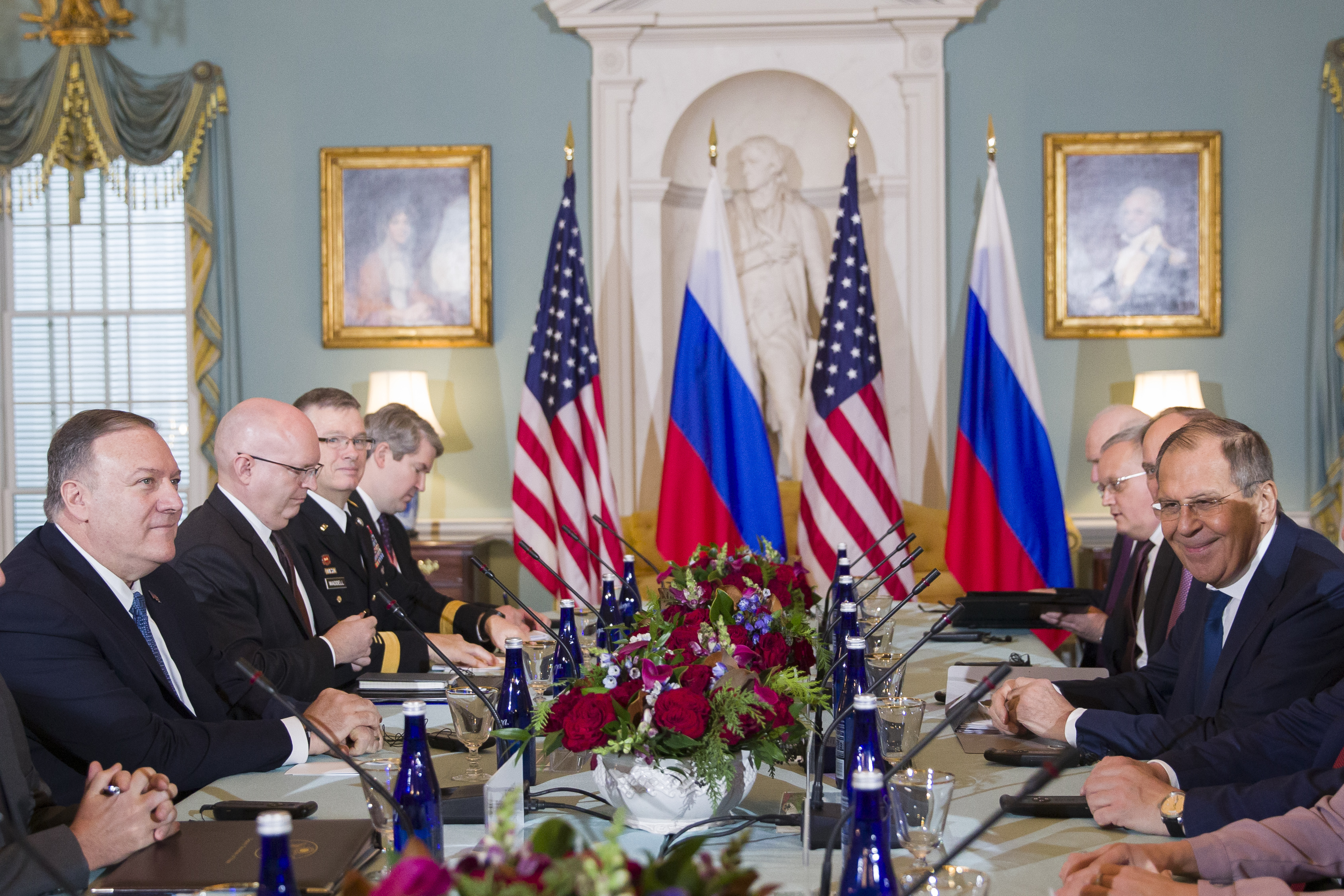 Secretary of State Mike Pompeo, left, is seated with Russian Foreign Minister Sergey Lavrov, right, before their meeting at the State Department, on Tuesday.