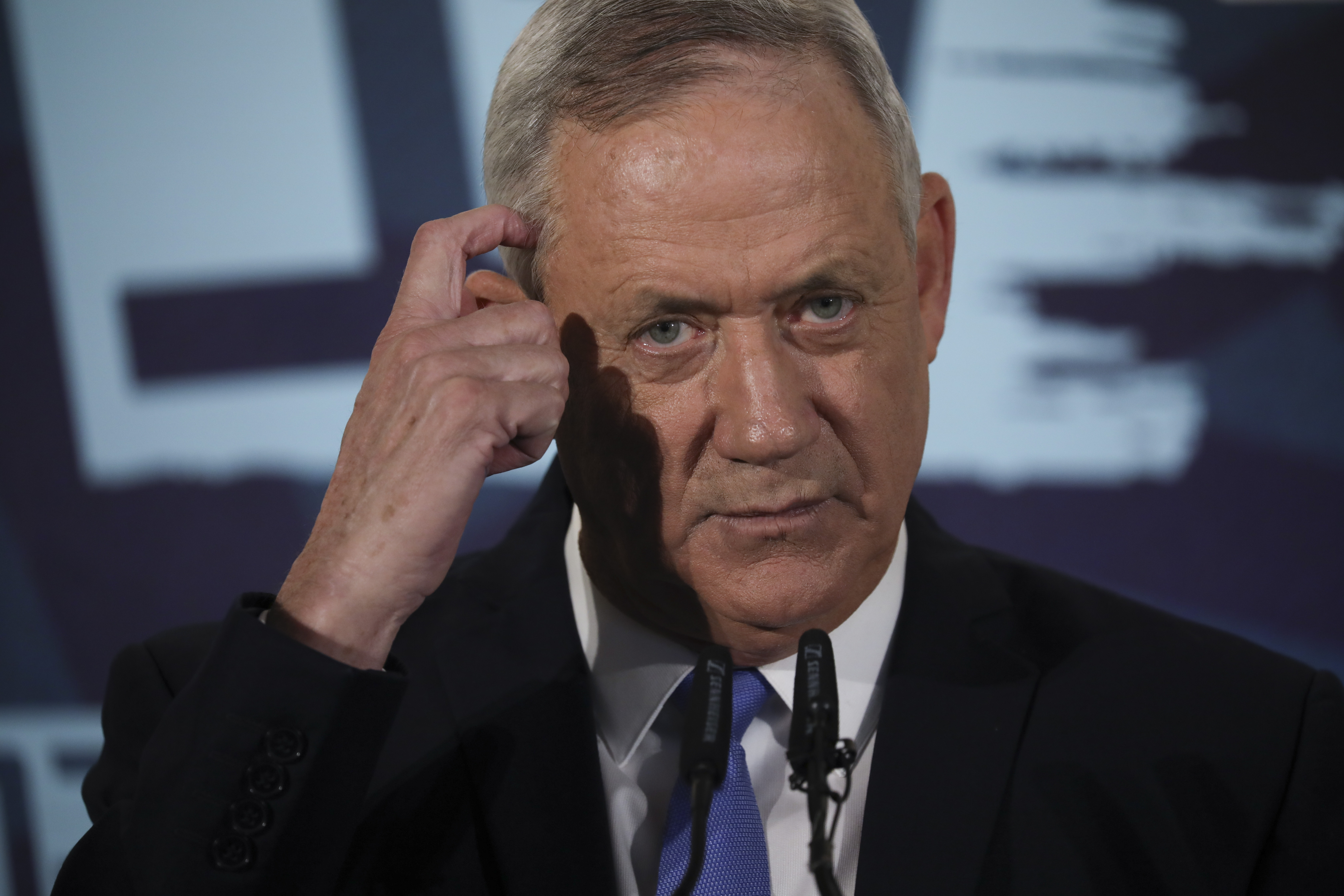 Blue and White party leader Benny Gantz, addresses media in Tel Aviv, Israel.