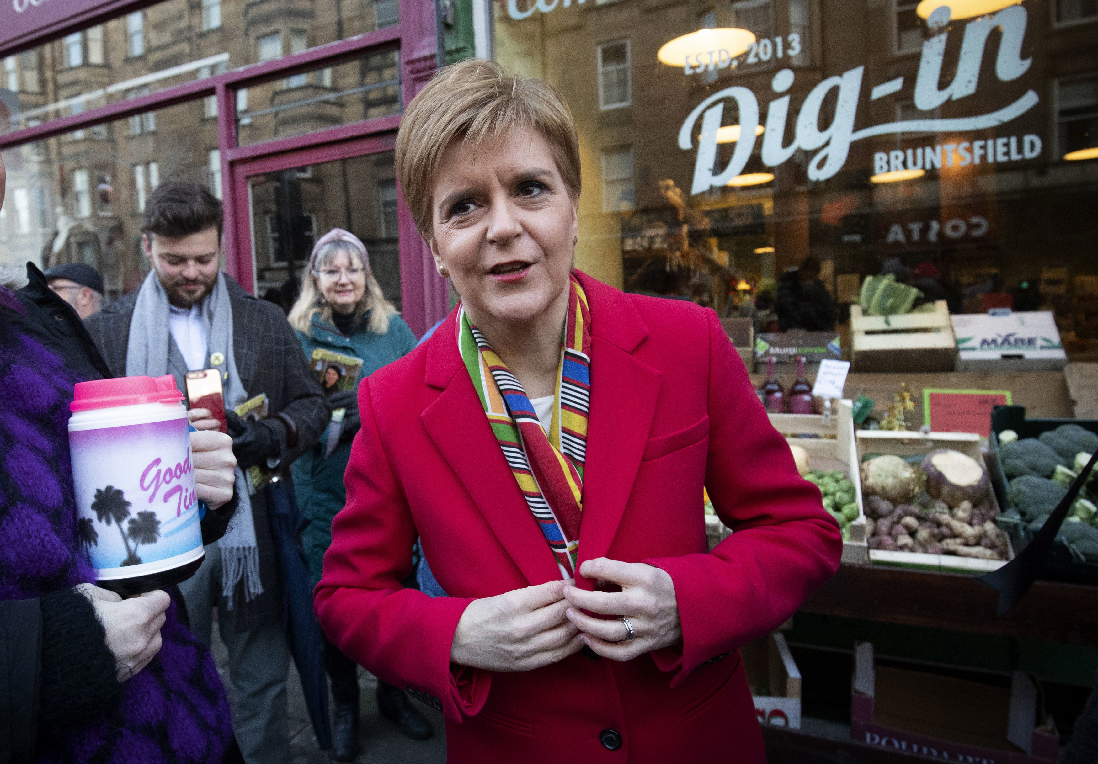 SNP leader Nicola Sturgeon, poses for a photo, during a visit to Digin Community Greengrocer in Edinburgh, Scotland