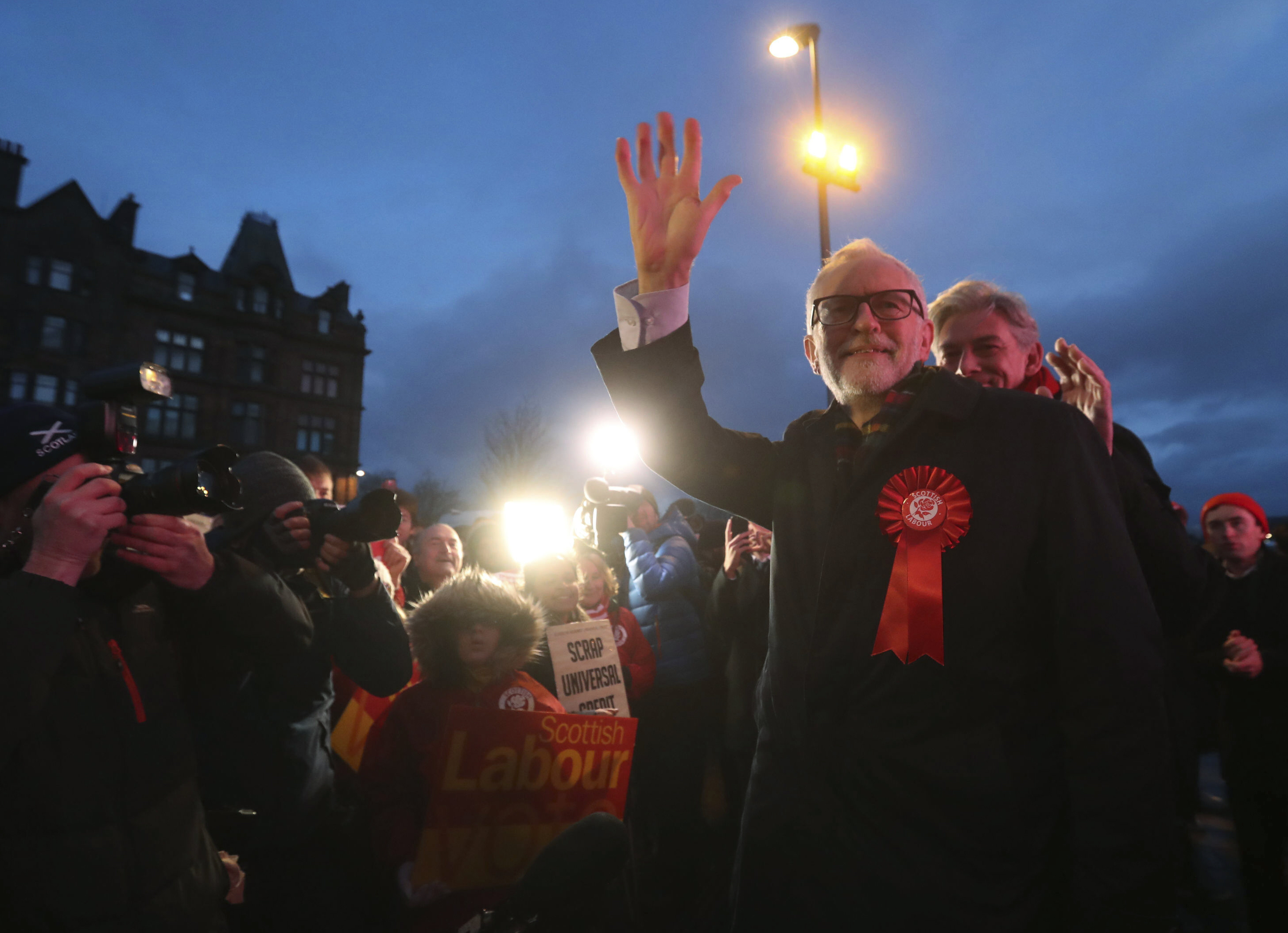 Britain's Main opposition Labour Party leader Jeremy Corbyn, waves to supporters on the last day of campaigning ahead of the General Election, in Glasgow